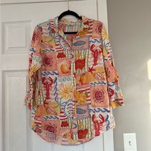 Calypso St Barth Anthropologie Linen Blend Beach Vacation Lobster Shirt Maine